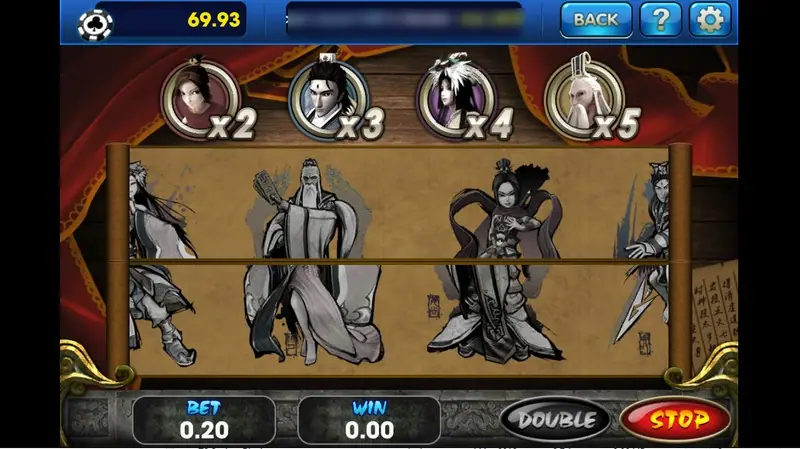 Fong Shen double-up screen: a scroll of ink-drawn characters under four portraits marked x2, x3, x4 and x5, with BET 0.20, WIN 0.00 and a STOP button
