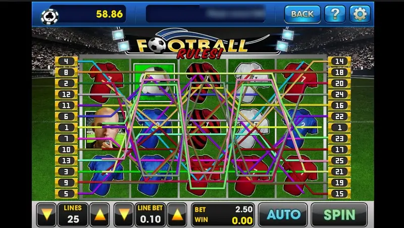Football Rules with all 25 paylines drawn over the reels, LINES 25, LINE BET 0.10 and BET 2.50