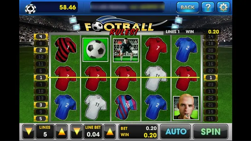 Football Rules reels on a stadium pitch with red, blue, white and striped jerseys, a football, a goalkeeper and a bald referee, LINES 5, LINE BET 0.04 and a 0.20 win on line 1
