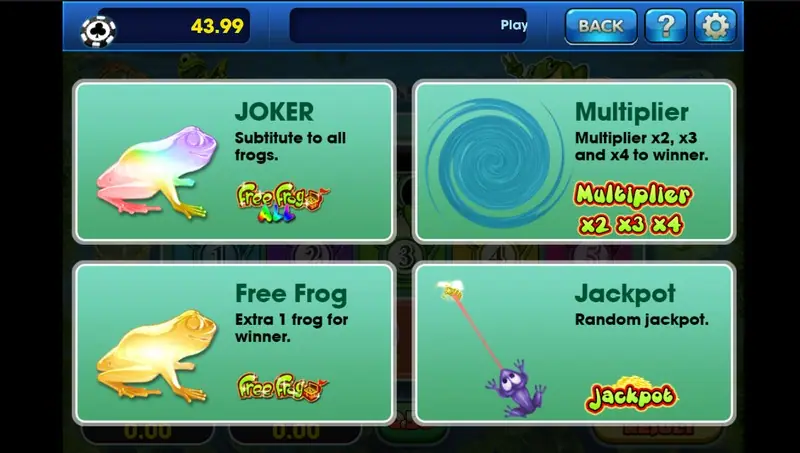 Frog Jump help screen explaining the rainbow Joker frog, the Multiplier whirlpool x2 x3 x4, the golden Free Frog and the random Jackpot fly