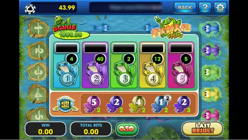 Frog Jump betting board with five coloured frog cards showing odds 4, 40, 2, 12 and 5, a BONUS 1000.00 box, the last five results and a 0.50 chip