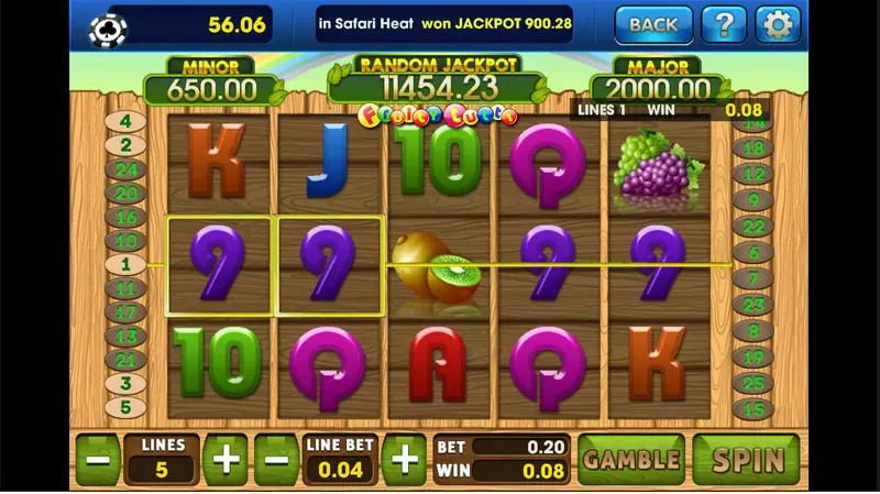 Tutti Frutti reels on wooden planks with purple 9s, a kiwi, grapes and chunky card letters, MINOR 650, Random Jackpot 11454.23, MAJOR 2000, LINES 5, LINE BET 0.04 and a 0.08 win