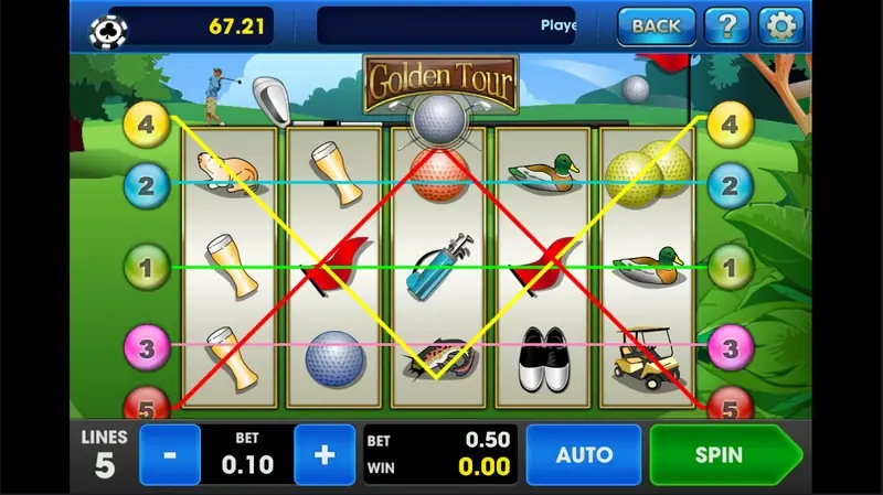 Golden Tour reels on a golf course with a gopher, beer glasses, red flags, a golf bag, a catfish, shoes, a duck and a golf cart, five paylines drawn, LINES 5 and BET 0.10