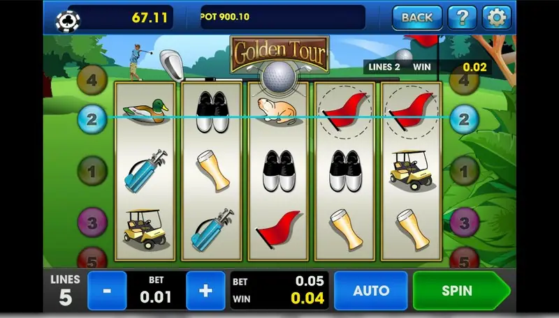 Golden Tour at BET 0.01 with two red flags on reels 4 and 5 paying on line 2, LINES 2 WIN 0.02 and a total WIN of 0.04