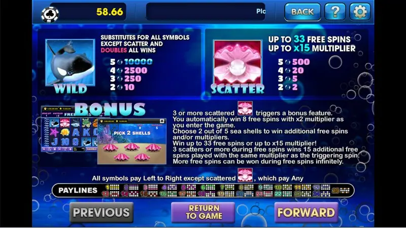 Great Blue paytable with the orca wild pays, the pearl scatter paying 500, 20, 5 and 2, and the bonus rules with a 'Pick 2 shells' preview
