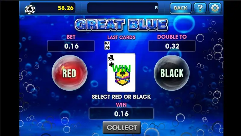 Great Blue gamble screen after a correct guess: BET 0.16, DOUBLE TO 0.32, an ace of spades marked WIN and the RED and BLACK buttons