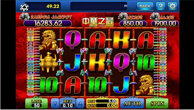 Great China reels with golden stone lions, a golden incense burner and colourful card letters on red, Random Jackpot 16283.62, MINOR 850, MAJOR 1900, LINE 50 and BET 0.10