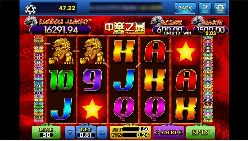 Great China at BET 0.01 with two golden lions on reels 1 and 2, red stars on reels 2 and 5, and a total WIN of 0.24