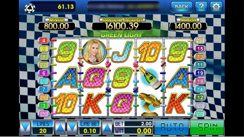 Green Light slot with chequered-flag letters, a blonde race queen, a champagne bottle and a gold trophy car on the reels, MINOR 800, Random Jackpot 16100.39, MAJOR 1400, LINES 20 and LINE BET 0.10