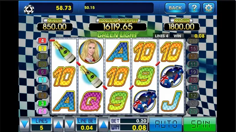 Green Light at LINES 5 and LINE BET 0.04, two champagne bottles on line 4 paying 0.08
