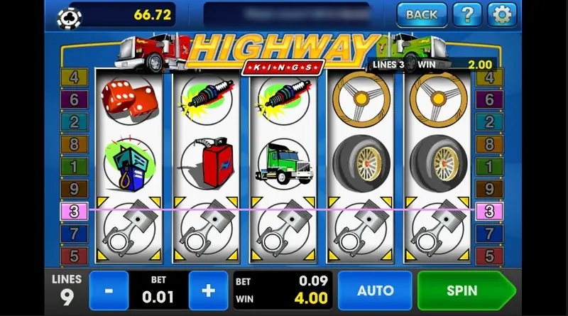 Highway Kings with five pistons lined up on line 3 at BET 0.01, LINES 3 WIN 2.00 and a total WIN of 4.00