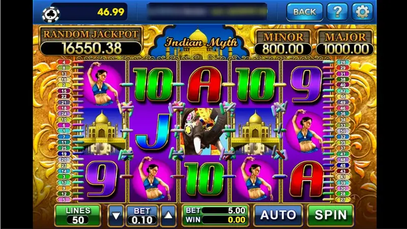 Indian Myth reels on a gold and purple frame with dancers in blue, two Taj Mahal scatters, an elephant on reel 3 and card letters, Random Jackpot 16550.38, LINES 50 and BET 0.10