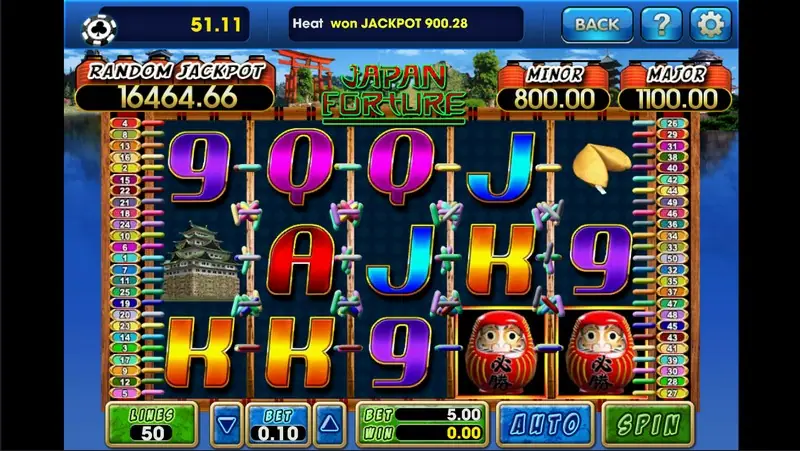 Japan Fortune reels with colourful card letters, a Japanese castle, a fortune cookie and two red daruma dolls, a red torii gate above, Random Jackpot 16464.66, LINES 50 and BET 0.10