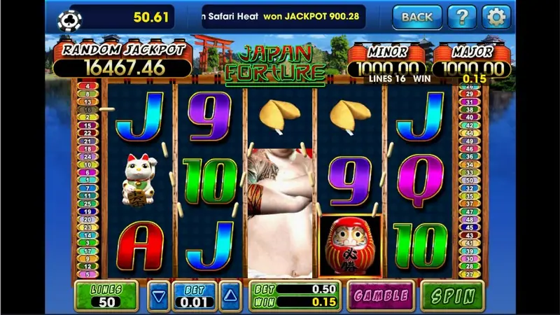 Japan Fortune after a win at BET 0.01, with the sumo wild covering reel 3 and a GAMBLE button in place of AUTO