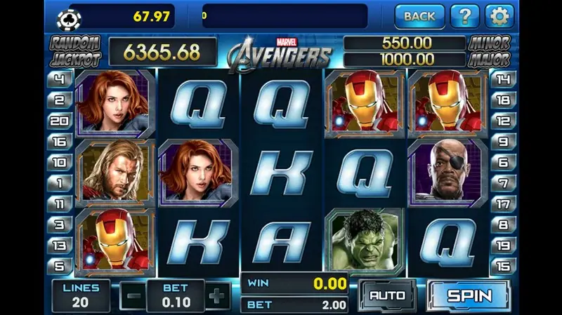 Marvel Avengers reels with Black Widow, Thor, Iron Man, Nick Fury and Hulk portraits between silver Q, K and A letters, Random Jackpot 6365.68, LINES 20 and BET 0.10