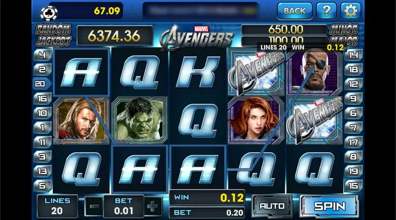 Marvel Avengers after a spin at BET 0.01 with two Avengers logo scatters on reels 4 and 5 and a 0.12 win on line 20