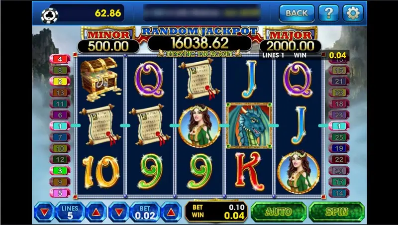 Mystic Dragons with LINES 5 and BET 0.02, a dragon on reel 4 and a small 0.04 win on line 1