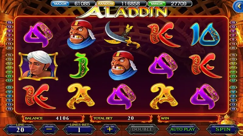 Aladdin slot on 918Kiss with purple and gold letter symbols in an Arabian script style, a palace guard, Aladdin in a white turban and a scimitar