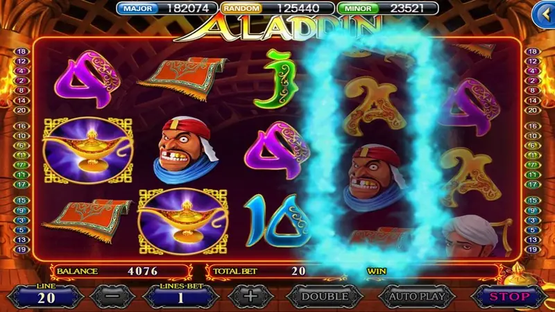Aladdin reels mid-spin with a column of blue flame around the fourth reel, two golden lamp symbols on the left and the STOP button lit