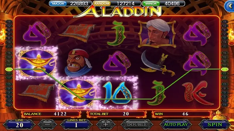 Aladdin reels with a green winning line through two lamp symbols and a carpet, WIN showing 46