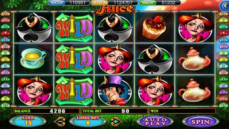 Alice slot on 918Kiss with a full column of green WILD symbols on reel two, a red queen, a top-hatted man, cupcakes and a teapot