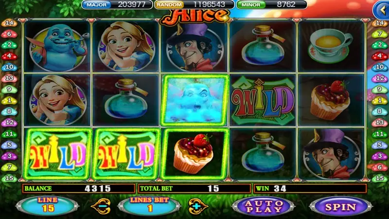Alice reels with two green WILD symbols on the bottom row, a glowing blue creature symbol and Alice's portrait, total bet 15 and a win of 34