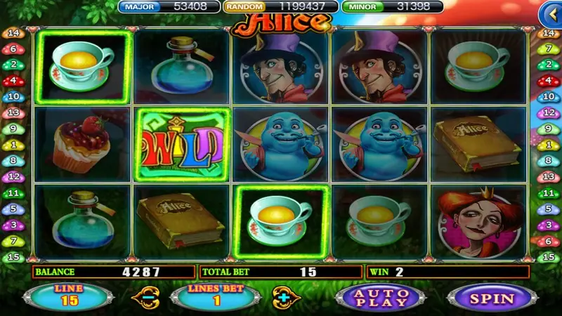 Alice reels with highlighted teacup symbols, a WILD, a book and the blue creature, win of 2