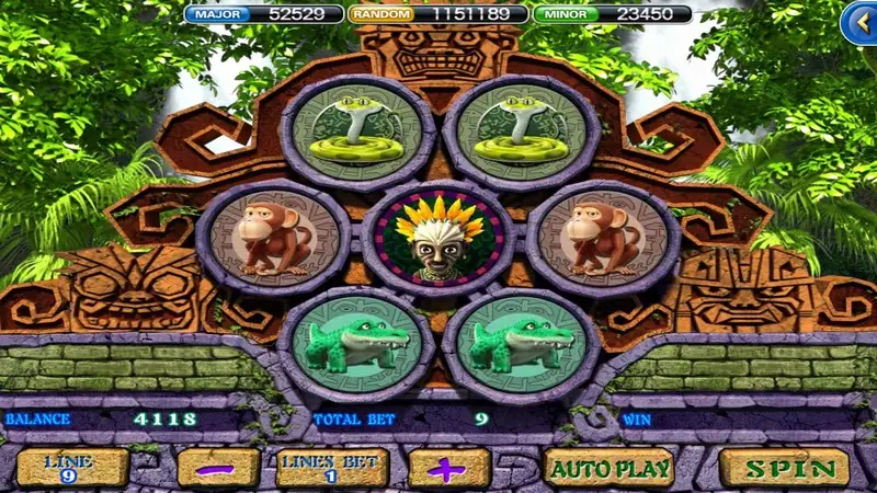 Amazon temple with a feathered chief in the middle disc, snakes on top and crocodiles at the bottom, total bet 9
