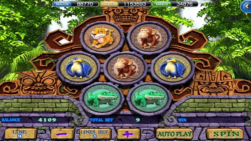 Amazon slot on 918Kiss showing seven round stone discs in a jungle temple wall holding a jaguar, monkeys, parrots and two green crocodiles