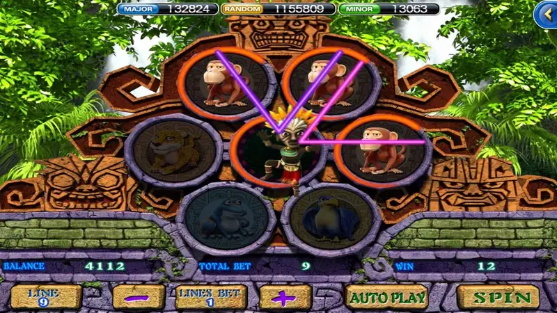 Amazon discs with three monkeys ringed in orange and purple win lines connecting them, win of 12