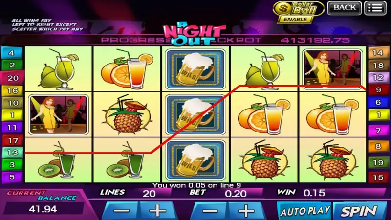 A Night Out slot on 918Kiss with fruit, cocktail and beer-mug symbols, a red winning line across the reels and a progressive jackpot counter at the top