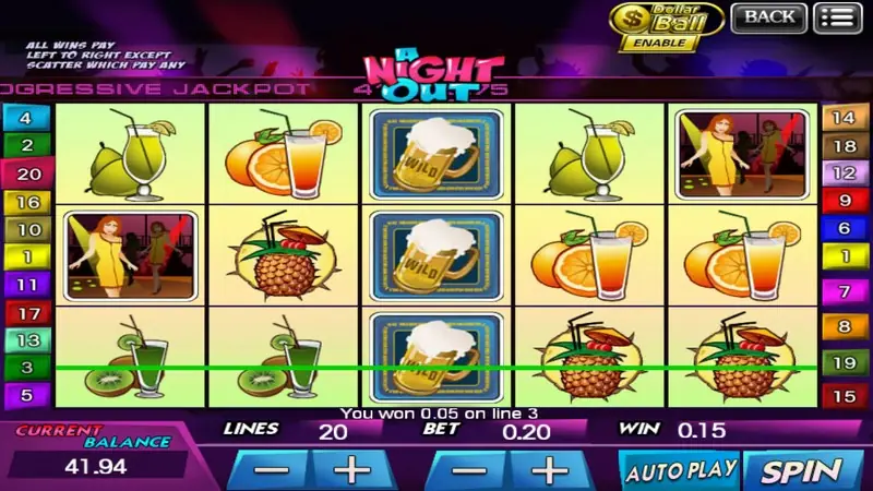 A Night Out reels with a green winning line along the bottom row of kiwi and pineapple symbols and the message 'You won 0.05 on line 3'