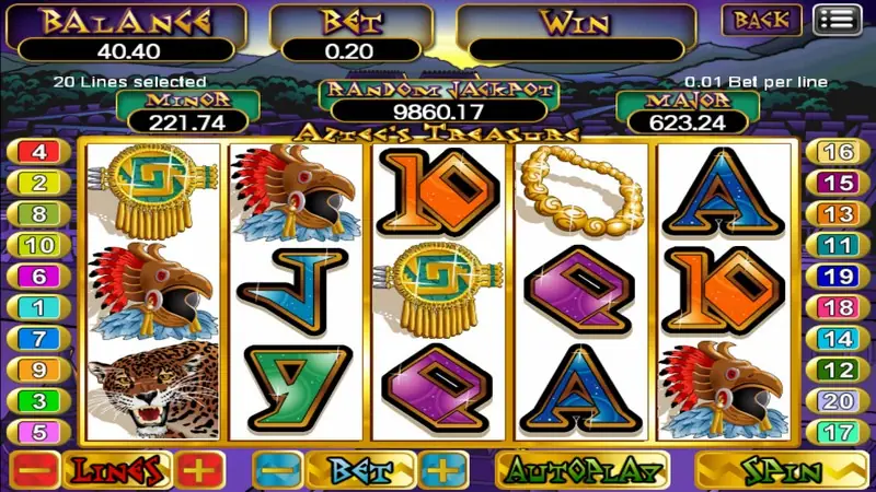 Aztec's Treasure reels with a jaguar and eagle-warrior on reel one, a gold shield, purple Q and orange 10 symbols, balance 40.40