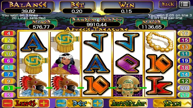 Aztec's Treasure reels on 918Kiss with two eagle-warrior symbols and a gold idol on a green winning line, balance 39.82, bet 0.20, win 0.15