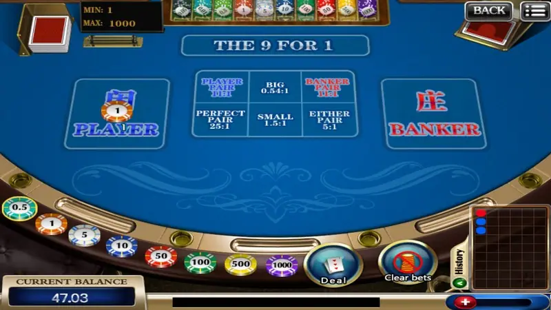 Empty 918Kiss baccarat table with one chip on Player, a row of chips from 0.5 to 1000, and Deal and Clear bets buttons