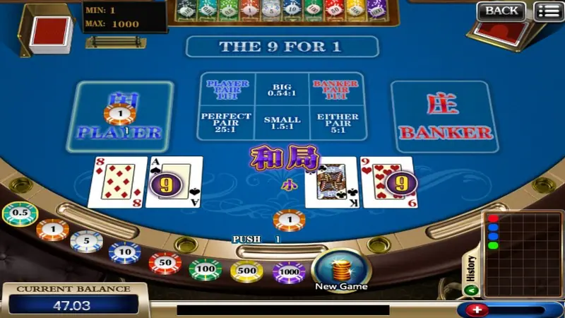 918Kiss baccarat table showing Player 8 and Ace versus Banker King and 9, both on 9, with a tie label and a 'Push 1' chip