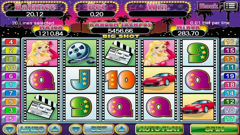 Big Shot slot on 918Kiss with film strips framing each reel, a blonde cartoon starlet, a film reel, a clapperboard and a red sports car