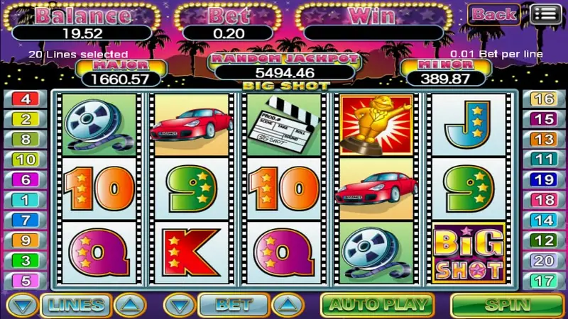 Big Shot base game with a Big Shot logo on reel five and two red sports cars in the middle row
