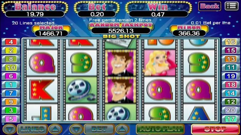 Big Shot reels during free games with the message 'Free game remain 2 Games' and the SPIN button turned into a red STOP