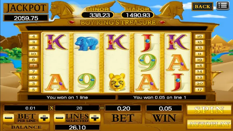 Boy King's Treasure reels after a small win, with a blue hippo figure, a golden lion head and the message 'You won 0.05 on line 1'