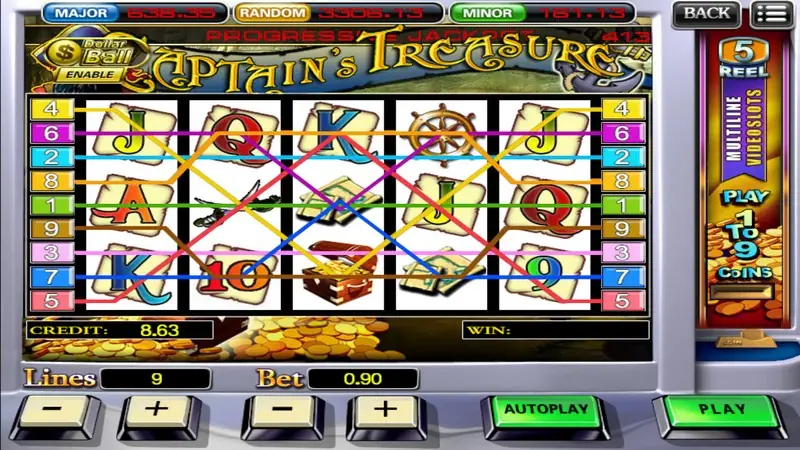 Captain's Treasure reels with all nine coloured paylines drawn across the screen, credit 8.63, lines 9 and bet 0.90