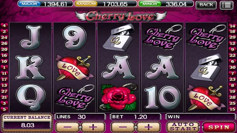 Cherry Love slot on 918Kiss with silver card letters, a heart pierced by a dagger with a LOVE banner, a red rose and silver padlock symbols on a purple background