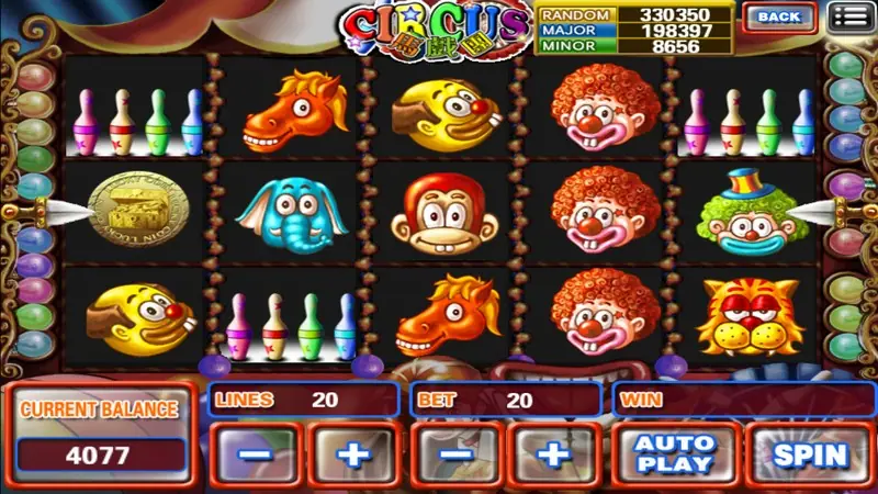Circus slot on 918Kiss with cartoon clown heads, a horse, an elephant, a monkey, a lion and a set of bowling skittles on five reels
