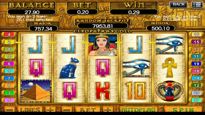 Cleopatra's Gold reels after a win, with blue J symbols across the top row, an ankh, the queen and the Eye of Horus, win 0.29