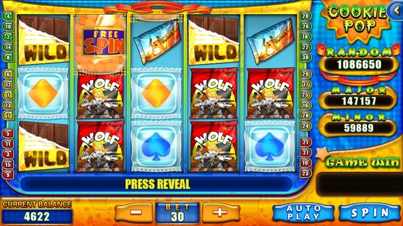 Cookie Pop slot on 918Kiss with chocolate bar WILD symbols, a Free Spin jar, Wolf crisp packets and icy card-suit tiles, with Press Reveal in the message bar
