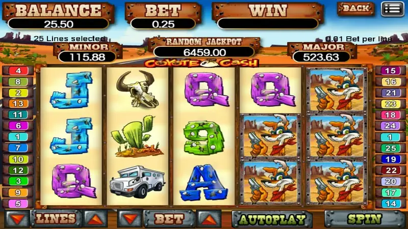 Coyote Cash reels with a stack of running-coyote symbols filling the top of reels four and five, cactus and truck symbols elsewhere