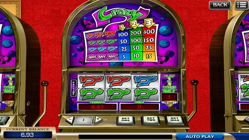 Crazy 7 three-reel slot on 918Kiss with a paytable for red, green, blue and any 7s at 1, 2 and 3 coins above reels showing red, blue and green sevens