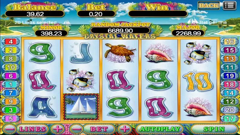 Crystal Waters base game in daylight with a sailboat symbol on reel two, a turtle, butterflyfish and conch shells, balance 39.62