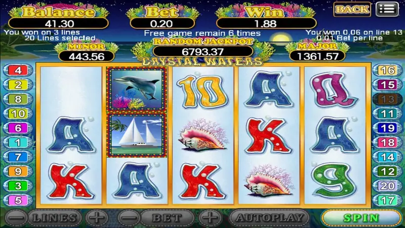 Crystal Waters during free games with a dolphin and yacht stacked on reel two, message 'Free game remain 8 times' and win 1.88