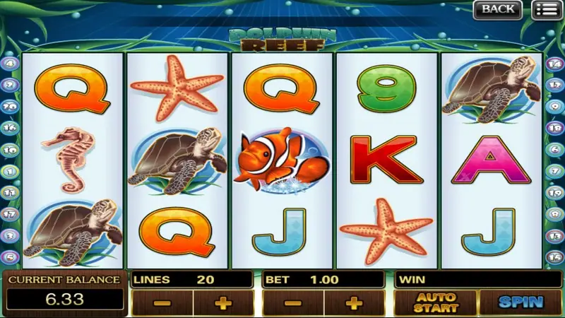 Dolphin Reef slot on 918Kiss with orange card letters, a sea turtle, a clownfish, a starfish and a seahorse on white reels, 20 lines and bet 1.00